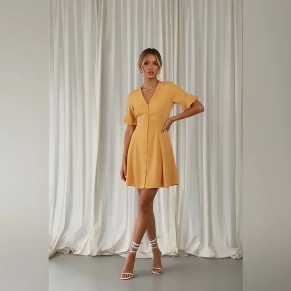 Lulus castana mustard yellow print button up dress size small - Picture 2 of 7